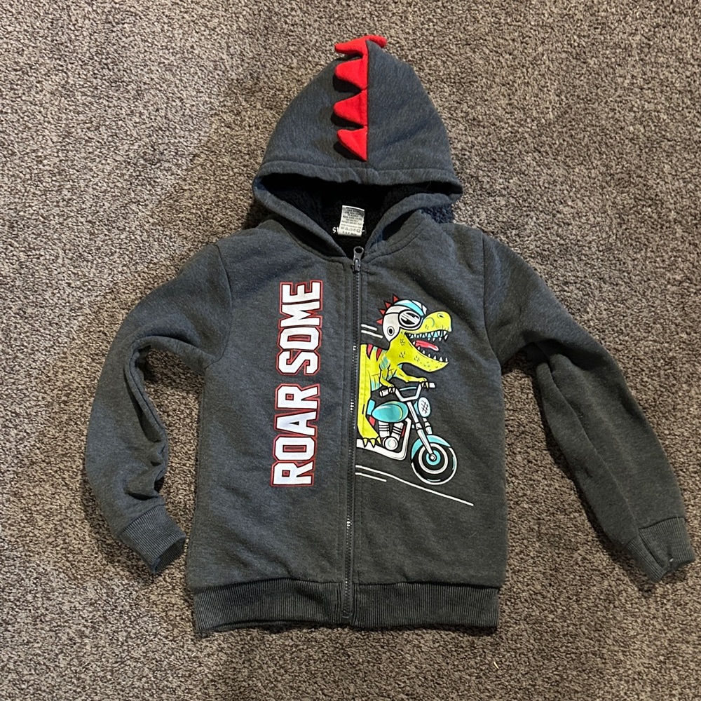 Kids Dinosaur Hoodie - Gray with Red Accents